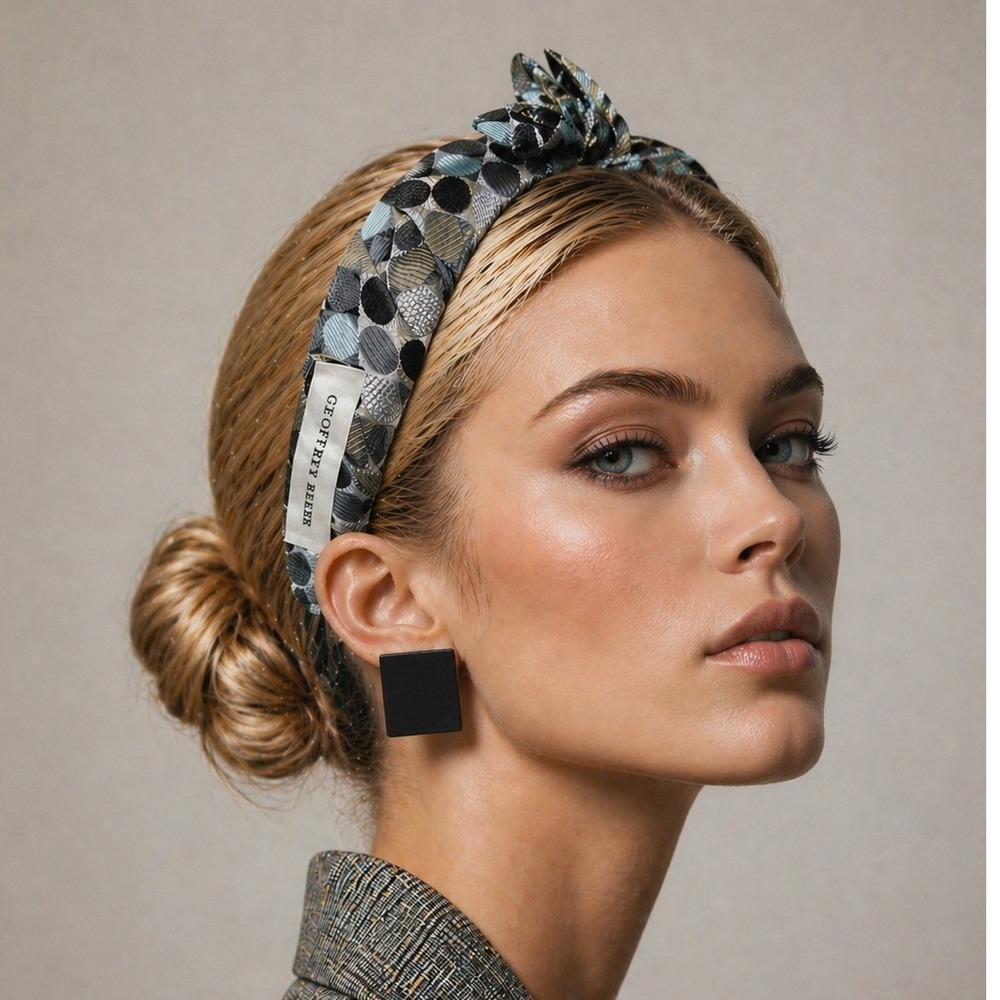 Geoffrey Beene Upcycled Men's Tie Silk Knotted Bow Headband Geometric Print